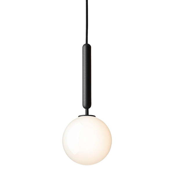 Minimalist black pendant light with a smooth white globe, perfect for modern decor.