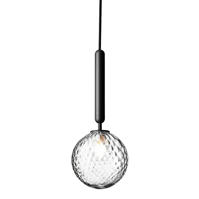 Clear textured glass pendant with a black rod. Elegant modern design for stylish interior lighting.