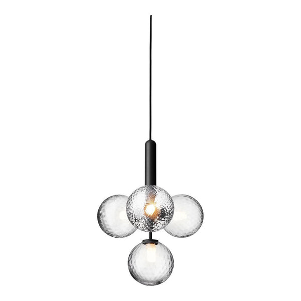 Stylish pendant light featuring clear glass globes with a textured pattern, complemented by a sleek black suspension.