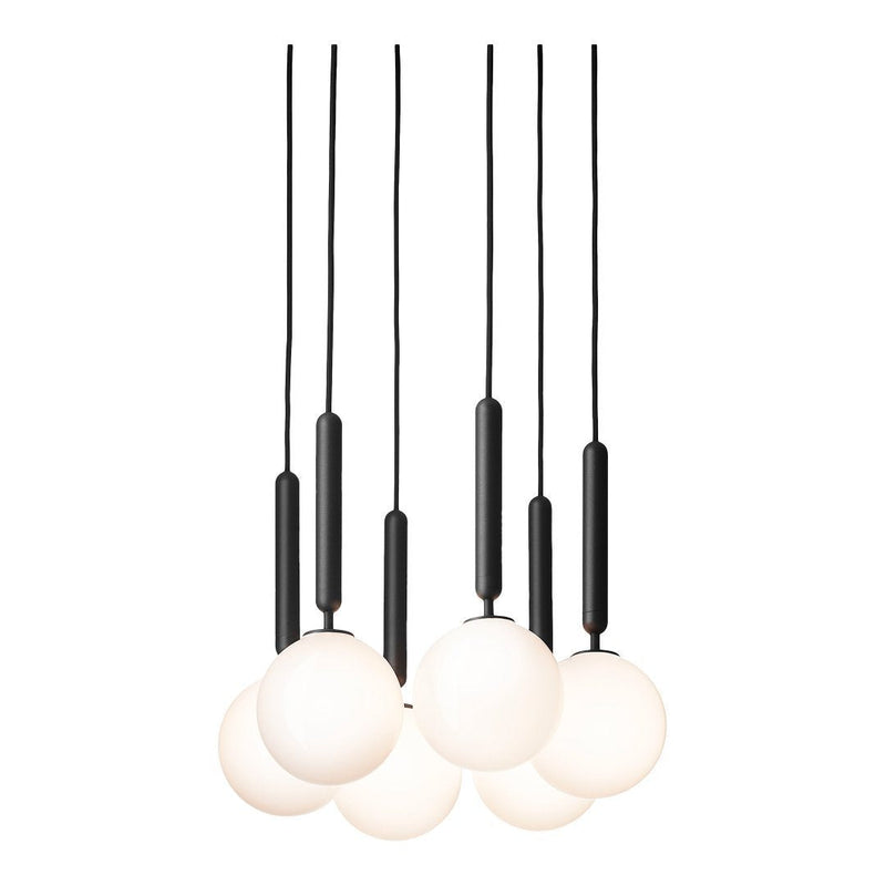 "Modern pendant lamp featuring six white globes and sleek black cables, offering a minimalist and stylish design."