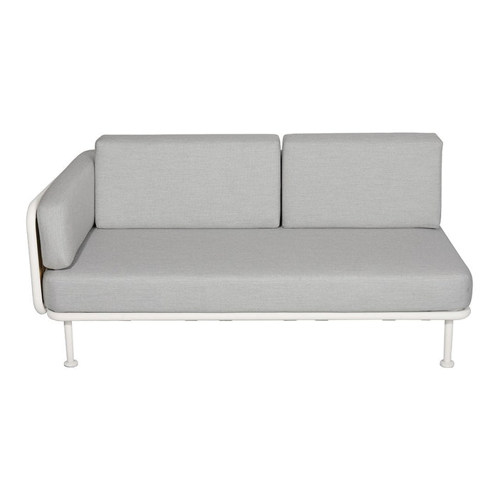 Modern gray sofa with sleek white frame, featuring minimalist design and solid color upholstery. Perfect for contemporary spaces.