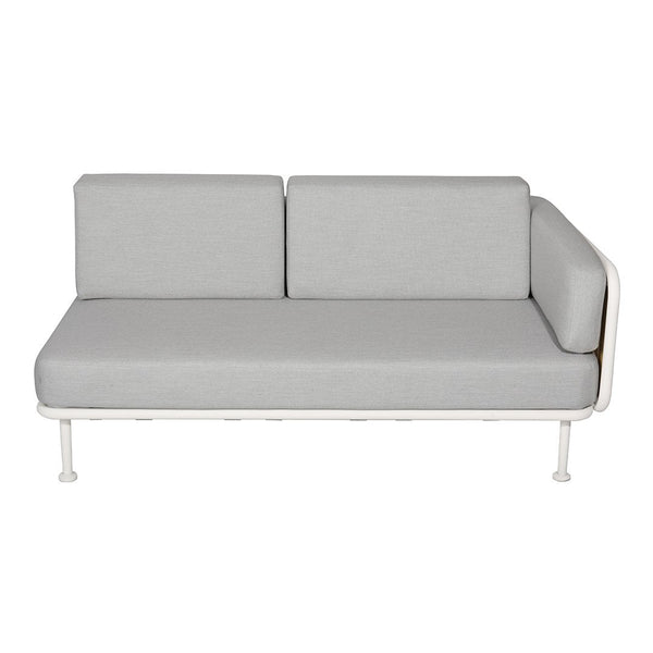 Gray upholstered sofa with minimalist design and white metal frame, featuring clean lines and modern style.