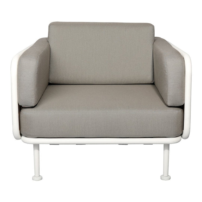 Gray fabric sofa with a modern white metal frame, featuring minimalist design and clean lines. Ideal for contemporary decor.