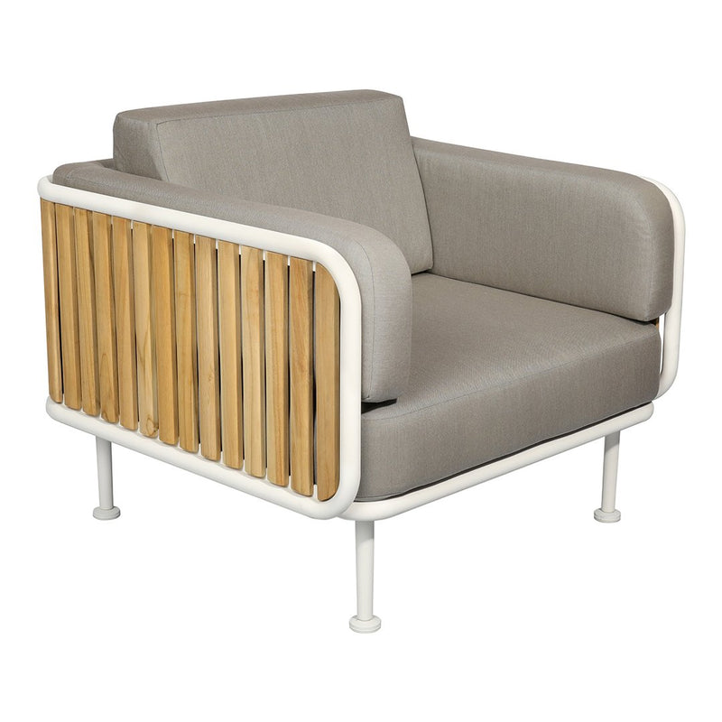 Gray upholstered armchair with wooden slats and a white metal frame, perfect for modern or tropical decor.