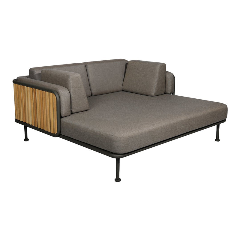 Gray modern sofa with wooden accents and sleek black legs, perfect for contemporary outdoor or indoor spaces.