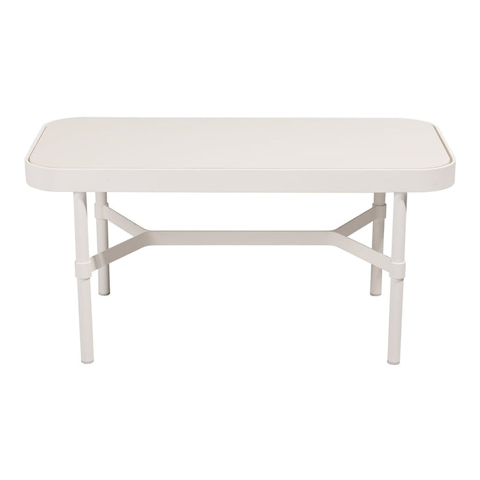 White rectangular table with a smooth surface and simple design, featuring a solid color and clean lines.