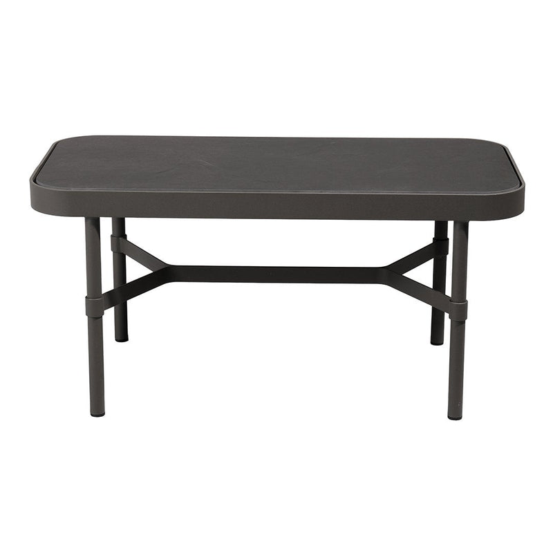 Rectangular black coffee table with a smooth surface and sturdy metal frame, featuring clean lines and contemporary style.