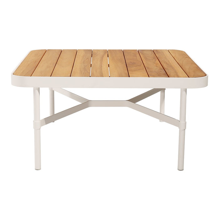 Wooden slatted tabletop in natural tones, framed in a sleek white metal base. Elegant and modern design.