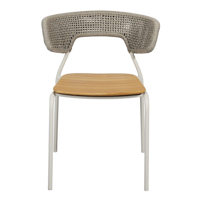 Grey woven backrest chair with a natural wood seat and sleek white metal legs. Modern, stylish, and versatile design.