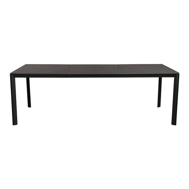 Sleek black dining table with a smooth, solid surface and minimalistic design. Perfect for modern interiors.