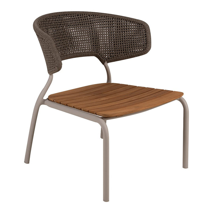 Brown woven backrest chair with a wood slat seat and gray metal frame, stylish and modern design for any space.
