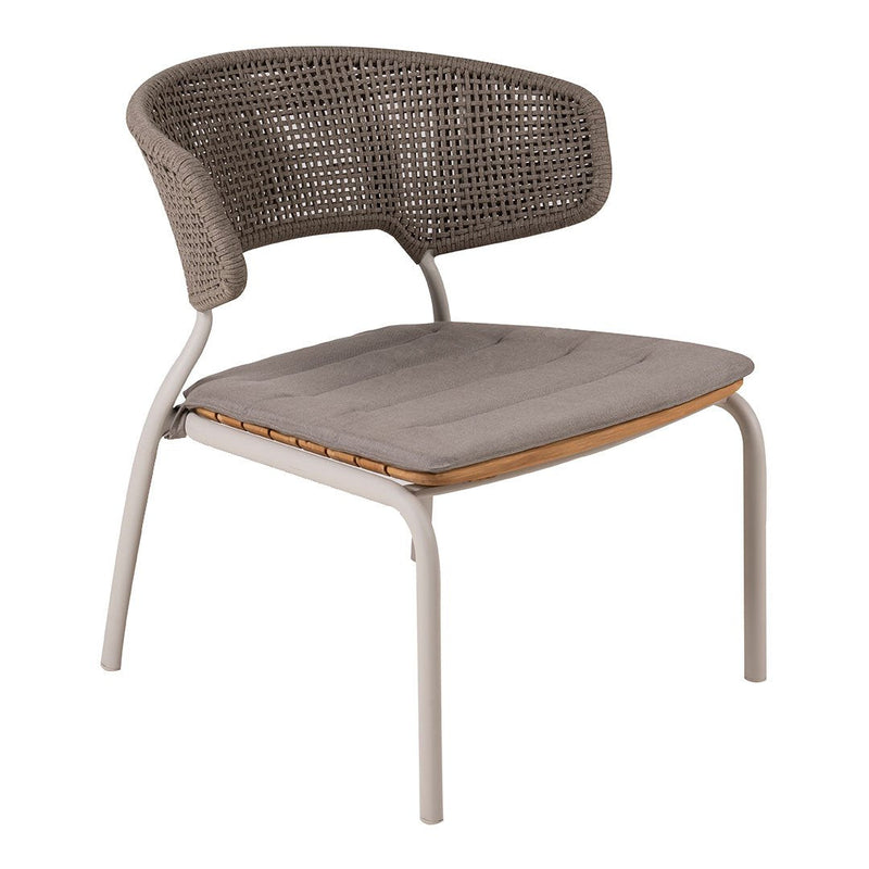 Gray woven chair with a light beige cushion and minimalist metal frame, perfect for modern decor.