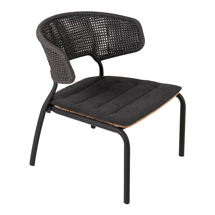 Black woven chair with a padded dark gray cushion and sleek black metal frame. Modern and stylish design.
