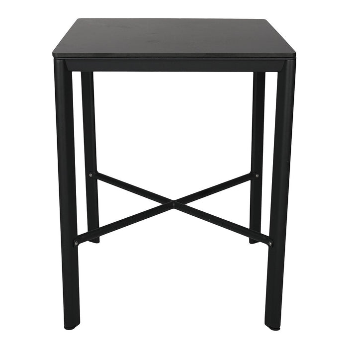 Black square table with sleek metal frame and minimalistic cross pattern design. Perfect for modern decor.