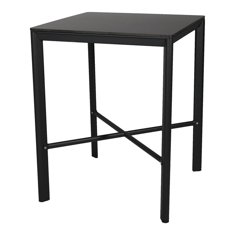 Black square table with a minimalist design and sleek metal frame, perfect for modern decor.