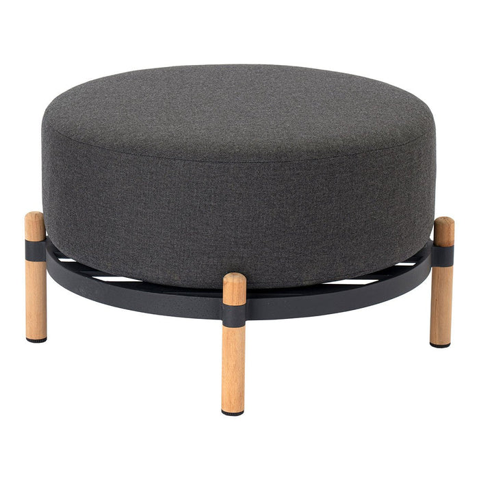 Gray round ottoman with a textured fabric top and natural wood legs on a black metal frame.