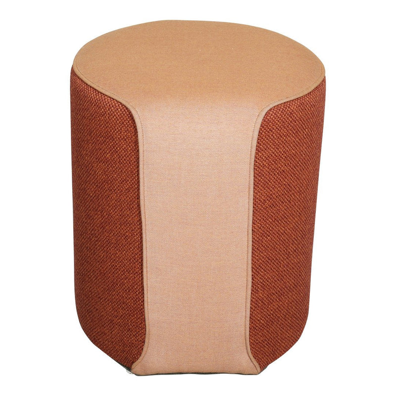 Round pouf featuring rich rust orange and soft beige fabrics with a textured pattern for a modern touch.