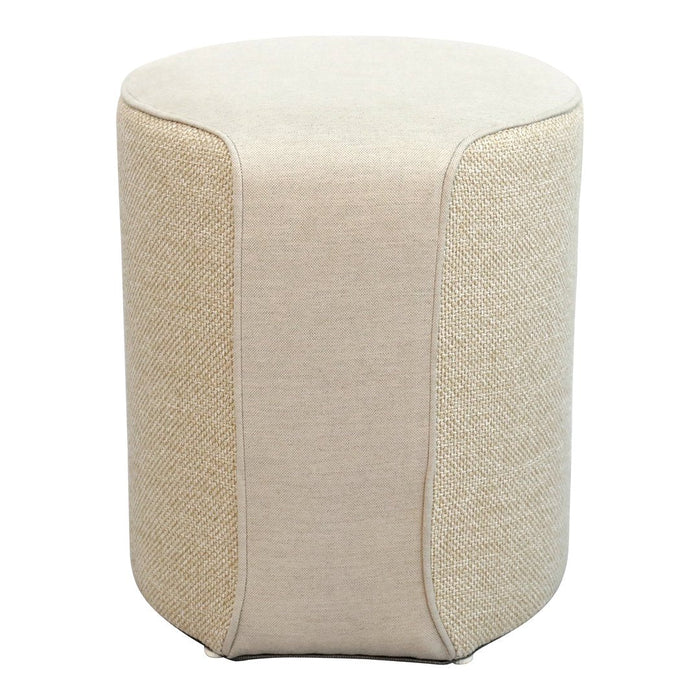 Beige ottoman with textured pattern and smooth finish, featuring a rounded shape and subtle color variation.