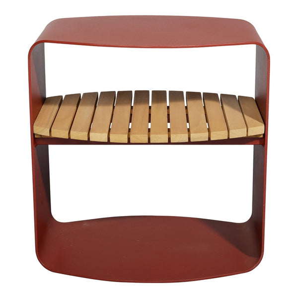 Red metal side table with a slatted wooden shelf, showcasing a modern design and warm color contrast.
