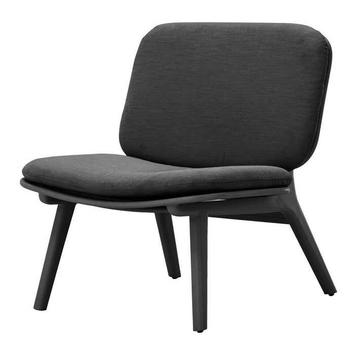 Gray minimalist chair with a sleek design, featuring solid black legs and a smooth, textured fabric upholstery.