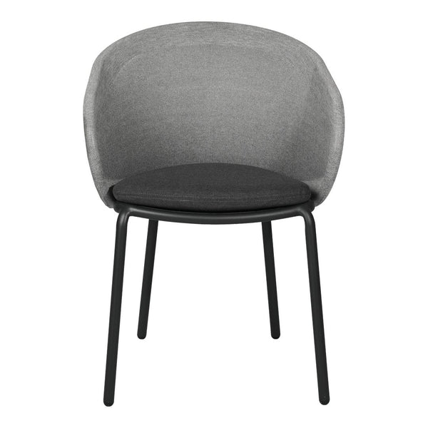 Gray upholstered chair with a sleek black metal base, featuring a minimalist and contemporary design.