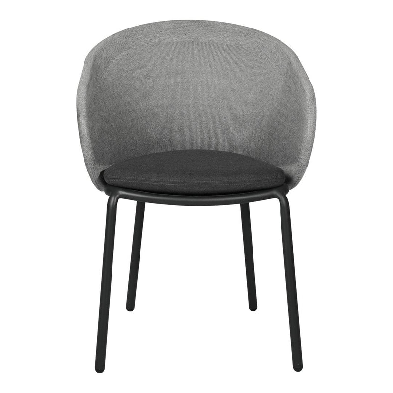 Gray upholstered chair with a sleek black metal base, featuring a minimalist and contemporary design.