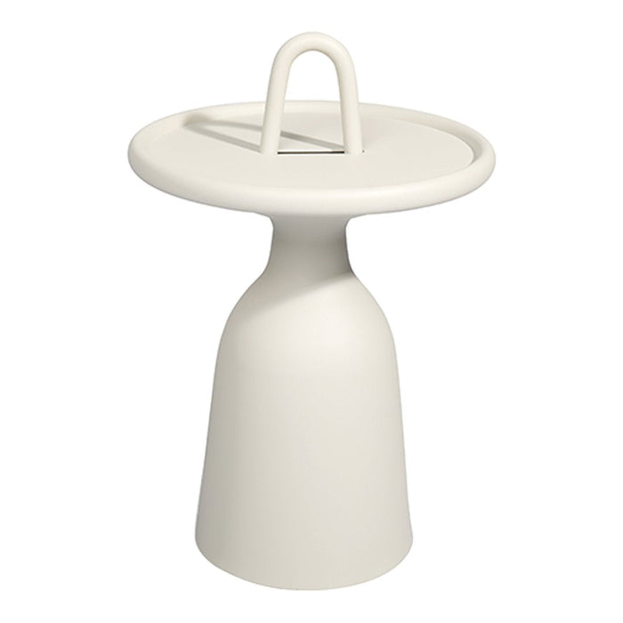 Minimalist white side table with a smooth, rounded base and a flat, circular top featuring a stylish handle.