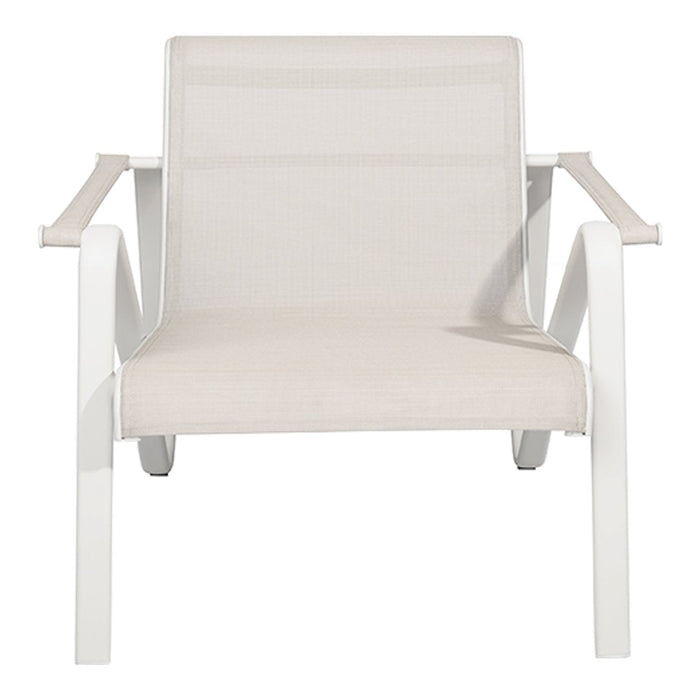 Light beige lounge chair with a sleek white frame, featuring a minimalist design and smooth fabric finish.
