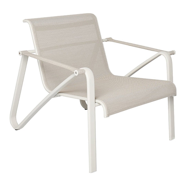 Light beige lounge chair with a sleek white frame and minimalist design, featuring a solid mesh pattern.