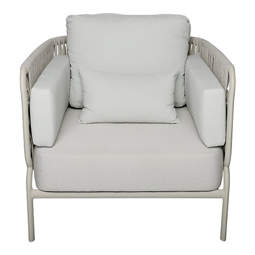 Light gray armchair with plush cushions and a minimalist design, featuring a solid frame and sleek lines.