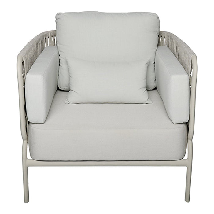 Light gray armchair with plush cushions and a minimalist design, featuring a solid frame and sleek lines.