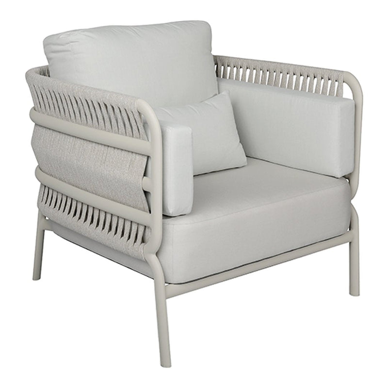 Light gray armchair with textured weaving and smooth cushions, perfect for modern decor. 