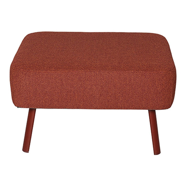 Rust-colored ottoman with a textured finish and wooden legs, perfect for modern living spaces.