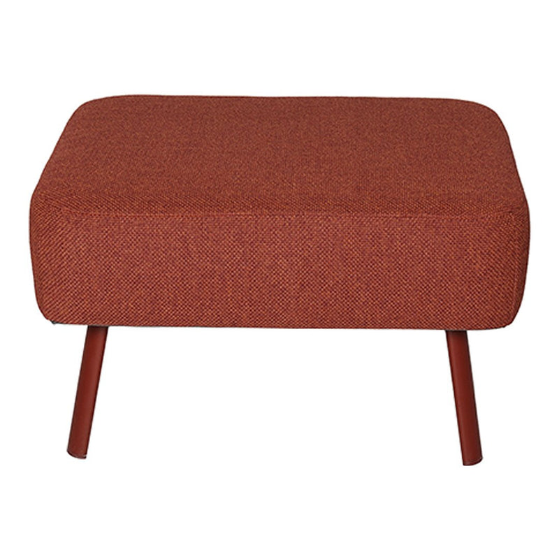 Rust-colored ottoman with a textured finish and wooden legs, perfect for modern living spaces.