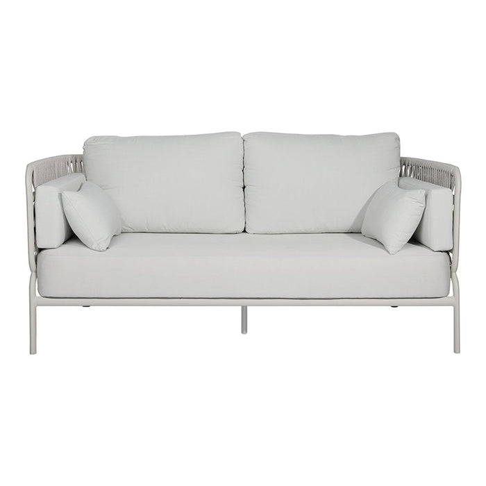 Light gray outdoor sofa with soft cushions and subtle texture, featuring a sleek white metal frame. Ideal for modern spaces.