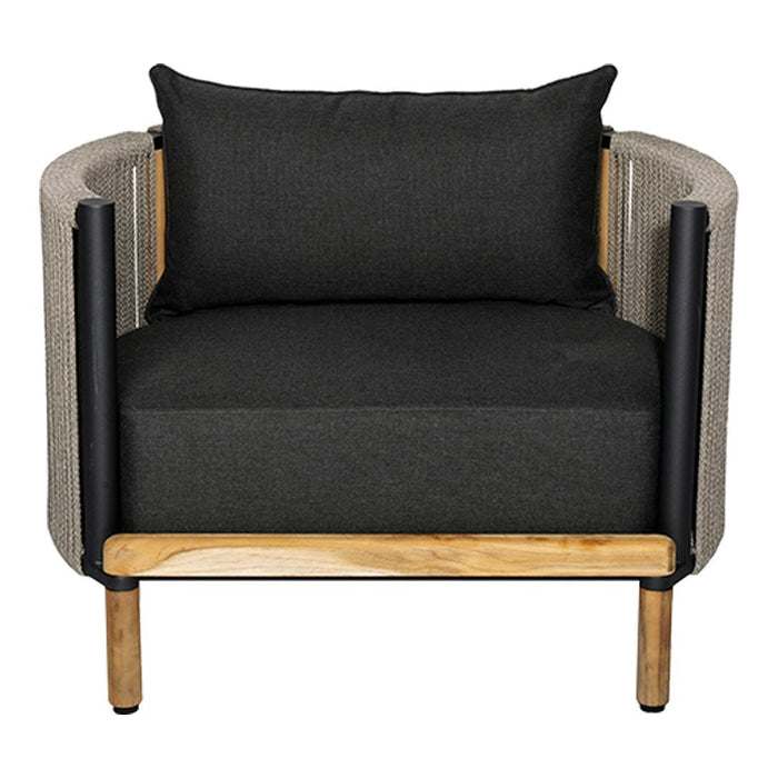Stylish armchair with gray fabric, black accents, and a natural wood base, featuring a sleek modern design.