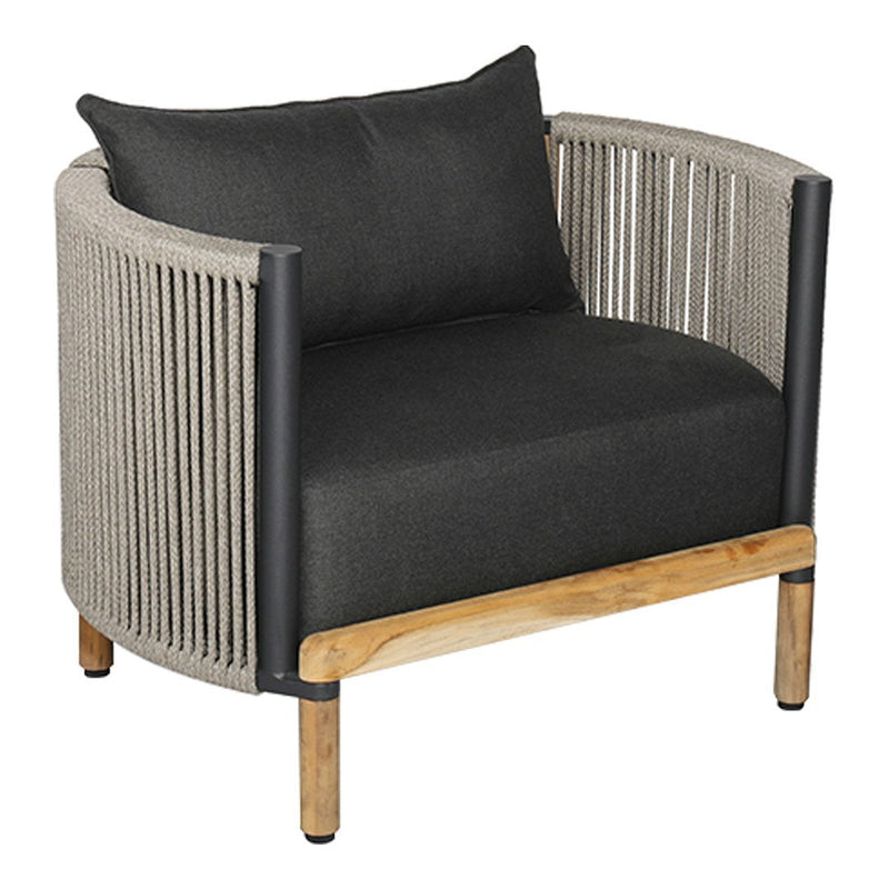 Gray and beige woven armchair with a dark cushion, featuring sleek black accents and natural wood legs.