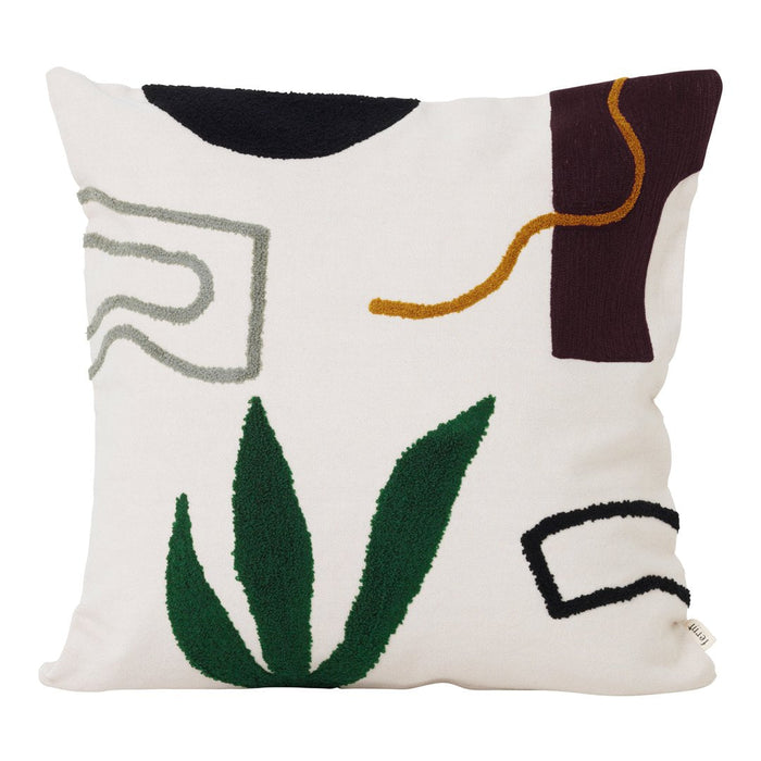 Abstract geometric patterns with greens, blacks, burgundy, and mustard on a cream background pillow.