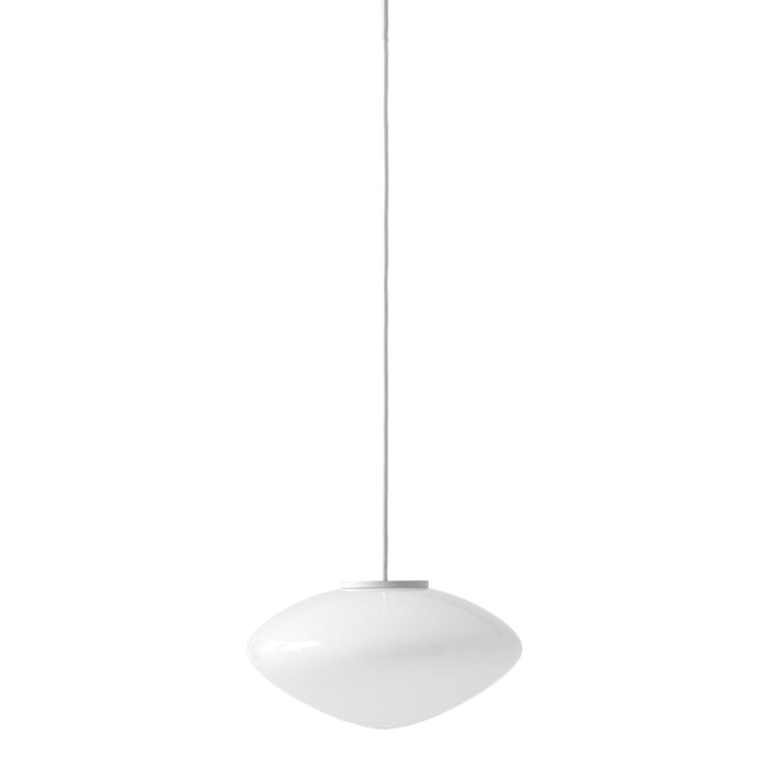 White pendant light with a smooth, curved design, featuring a minimalist and modern aesthetic.