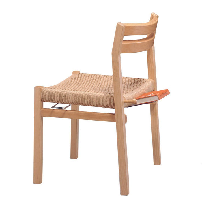 Neutral wood chair with a woven natural seat and subtle orange accent on the backrest. Simple, modern design.