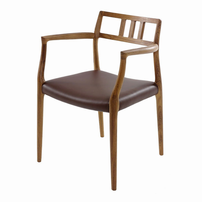 Brown faux leather seat with light wood frame featuring a slatted back design. Modern, minimalist style for any decor.