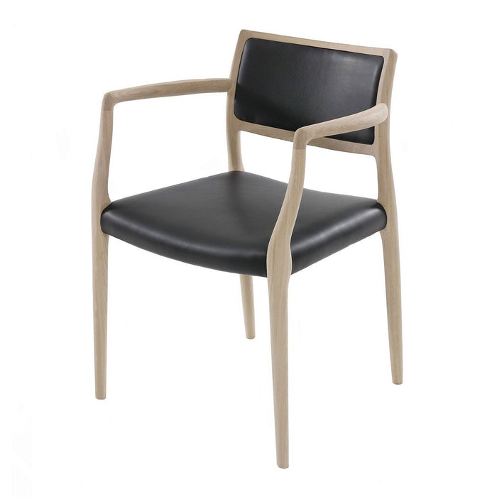 Black leather seat and backrest with light wood frame; modern, minimalist design.