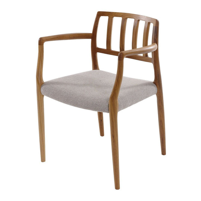 Light gray upholstered chair with natural wood frame and slatted back design, ideal for modern decor.