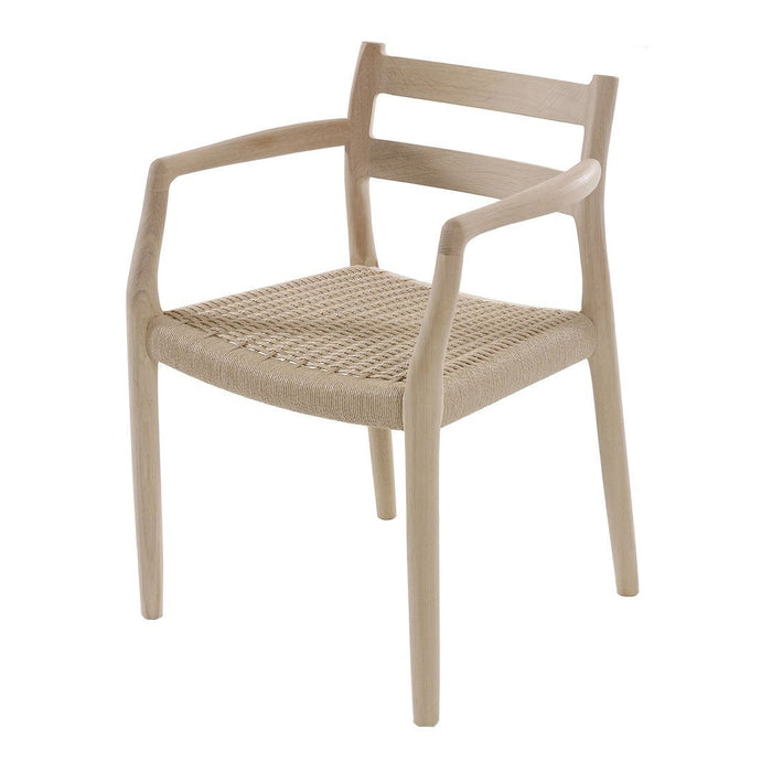 Light wooden chair with a natural, woven seat and minimalist design, featuring soft beige tones and clean lines.