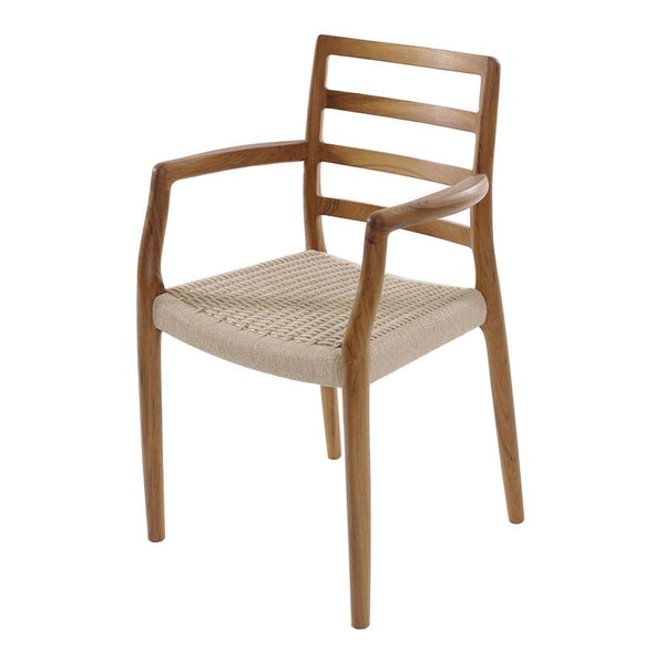 Light wood chair with a natural woven seat and simple horizontal slat back design, featuring a soft beige and brown color palette.