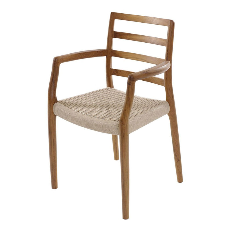 Light wood chair with a natural woven seat and simple horizontal slat back design, featuring a soft beige and brown color palette.