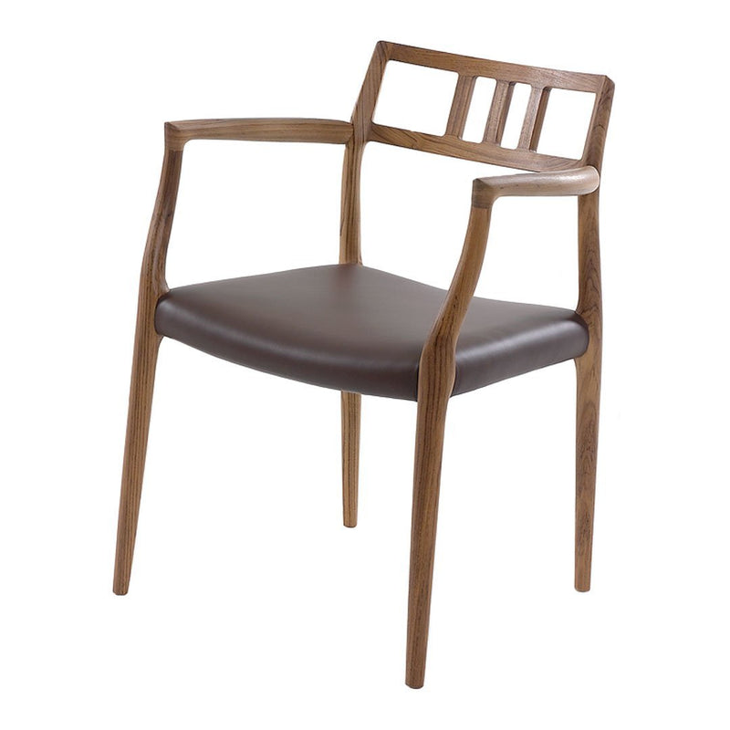 Brown wooden chair with a sleek design and textured dark brown seat cushion. Features a simple, elegant pattern.