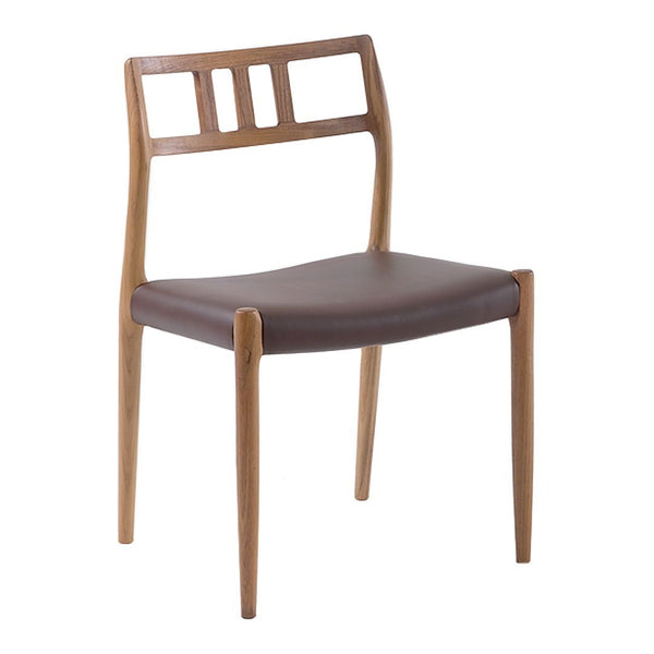 Modern wooden chair with a light brown frame and dark brown faux leather seat, featuring a slatted back design.
