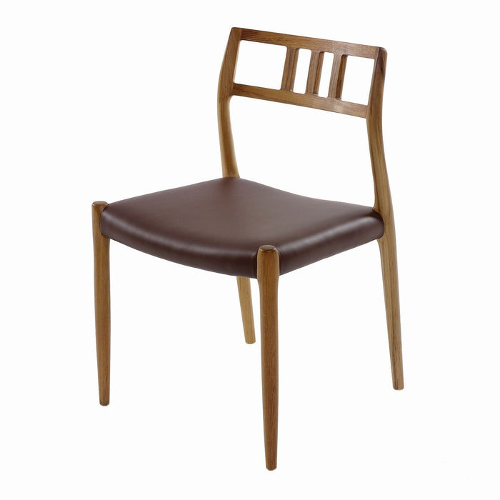 "Brown leather seat with light wood frame, featuring a minimalist design and slatted backrest."