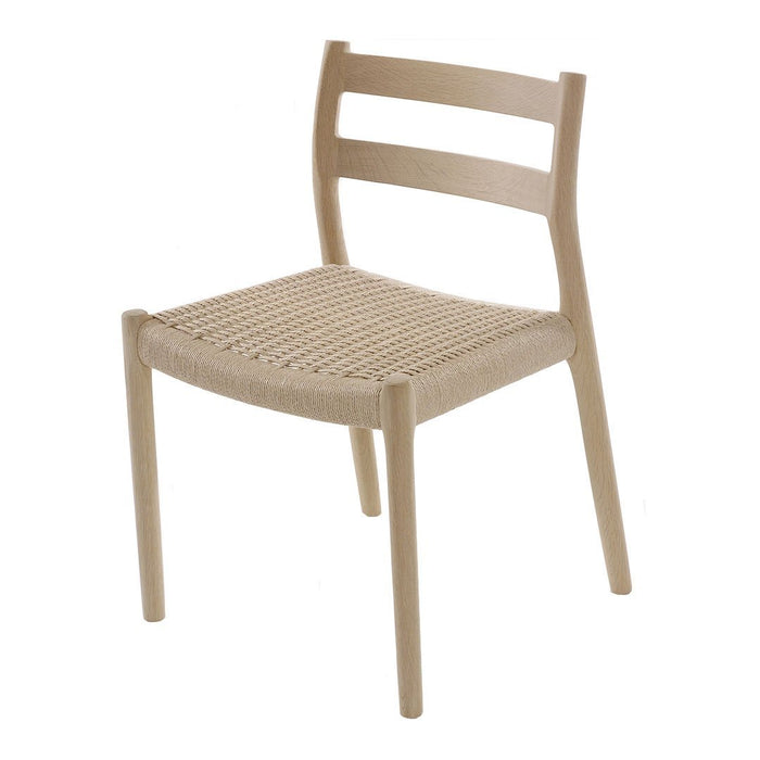 Light beige wooden chair with a woven seat and minimalist design, featuring clean lines and a natural finish.
